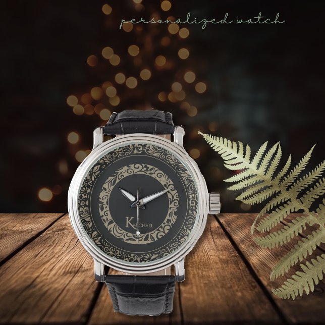 Personlig Black Guld Blommönster Monogram Armbandsur (Personalized Black Gold Floral Pattern Monogram Watch)
