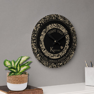 Personlig Black Guld Blommönster Monogram Stor Klocka