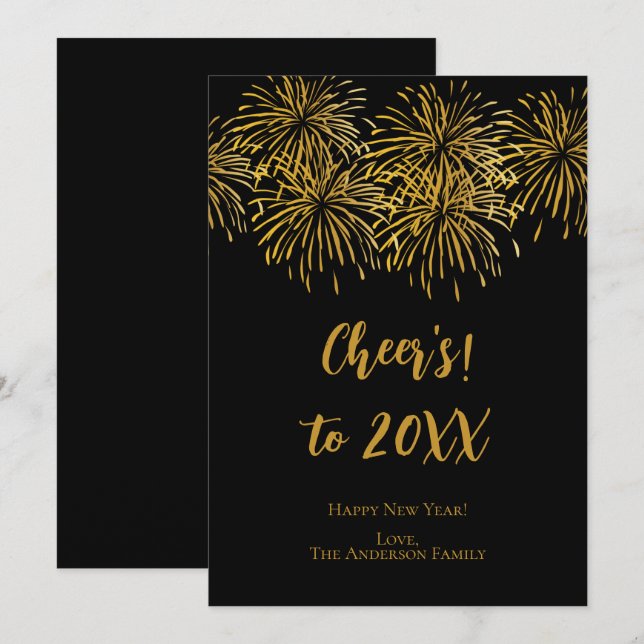 Personlig Black Guld Fireworks Gott nytt år Meddelande (Fram/baksida)