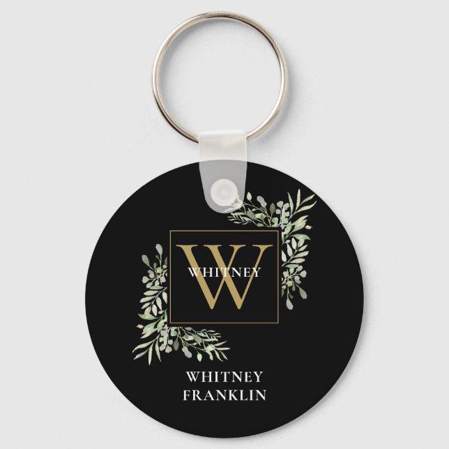 Personlig Black Guld Monogram Elegant Greenery Nyckelring (Framsida)