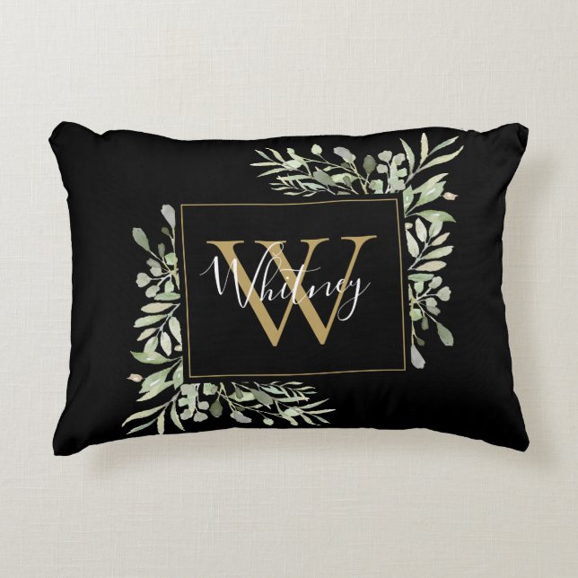Personlig Black Guld Monogram Greenery Blommigt Prydnadskudde (Framsidan)