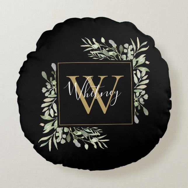 Personlig Black Guld Monogram Greenery Blommigt Rund Kudde (Framsidan)
