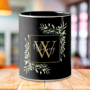 Personlig Black Guld Monogram Greenery Blommigt Två-Tonad Mugg