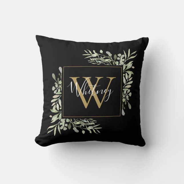 Personlig Black Guld Monogram Greenery Kudde (Framsida)