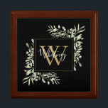 Personlig Black Guld Monogram Grey Blommigt Minnesask<br><div class="desc">Elegant vattenfärgsgreenery löv blommigt monogram namn presentbox med en guld monogram initialt på en svart bakgrund med ditt namn angivet i ett snyggt vitt skript. Designad av Thisisnotme©</div>