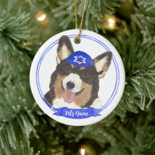 Personlig Black Headed Tricolor Corgi Hanukkah Julgransprydnad Keramik