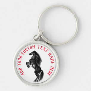 Personlig Black Horse Keychain med Anpassningsbar Rund Silverfärgad Nyckelring