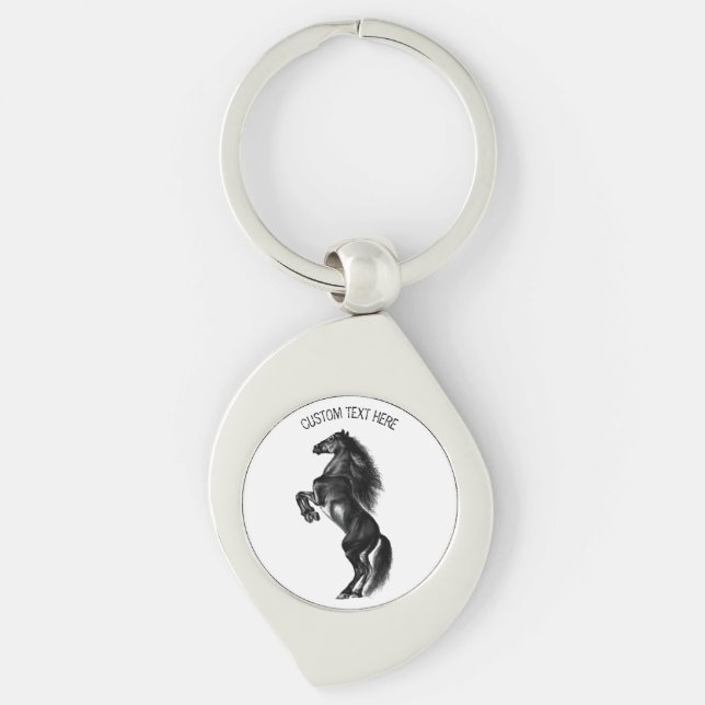 Personlig Black Horse Keychain med Anpassningsbar  Swirl Silverfärgad Nyckelring (Framsidan)