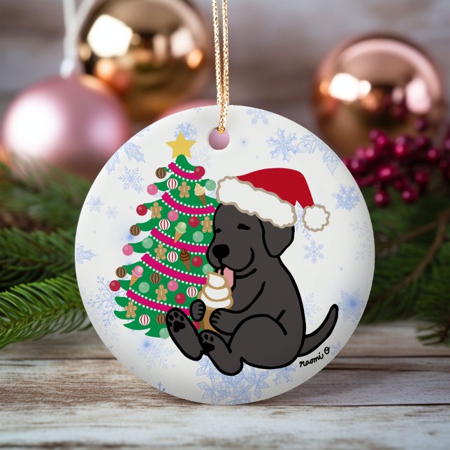 Personlig Black Labrador Ice Cream Julgransprydnad Keramik (Personalized Black Labrador Ice Cream Christmas Ornament for Black Labrador Owners.  Cartoon Style.)