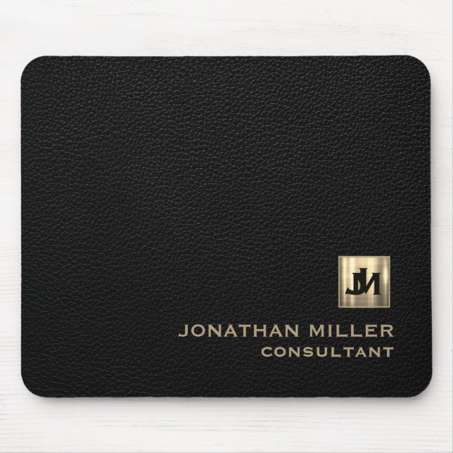 Personlig Black Leather Print Guld Monogram Musmatta (Framsidan)
