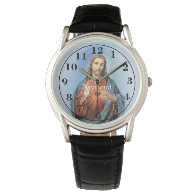 Personlig Black Leather Strap Watch/Jesus Armbandsur (Framsida)