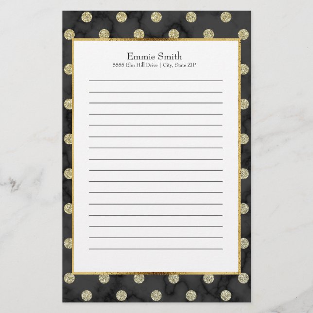 Personlig Black och Guld Polka Dot Brevpapper (Framsida)