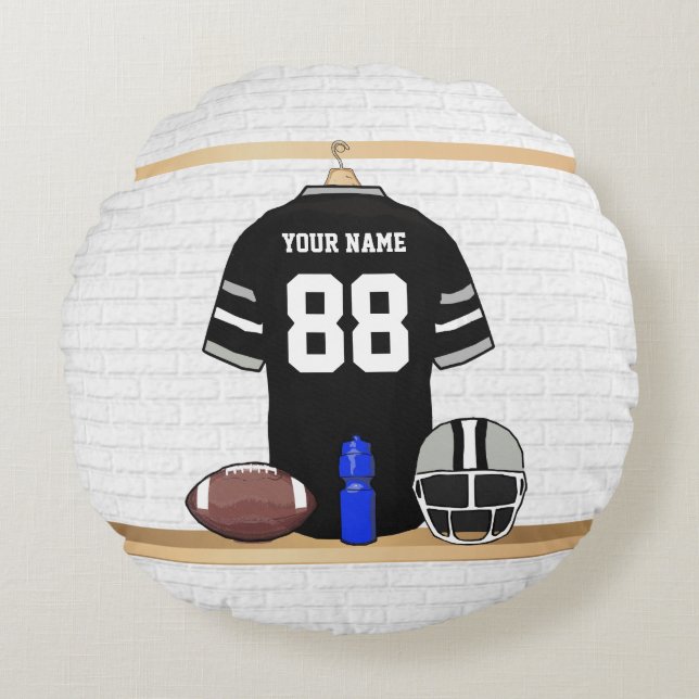 Personlig Black och Silver Grått Football Jersey Rund Kudde (Framsidan)
