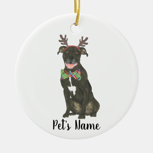 Personlig Black Pitbull Staffy Antlers Bowtie Julgransprydnad Keramik (Framsidan)