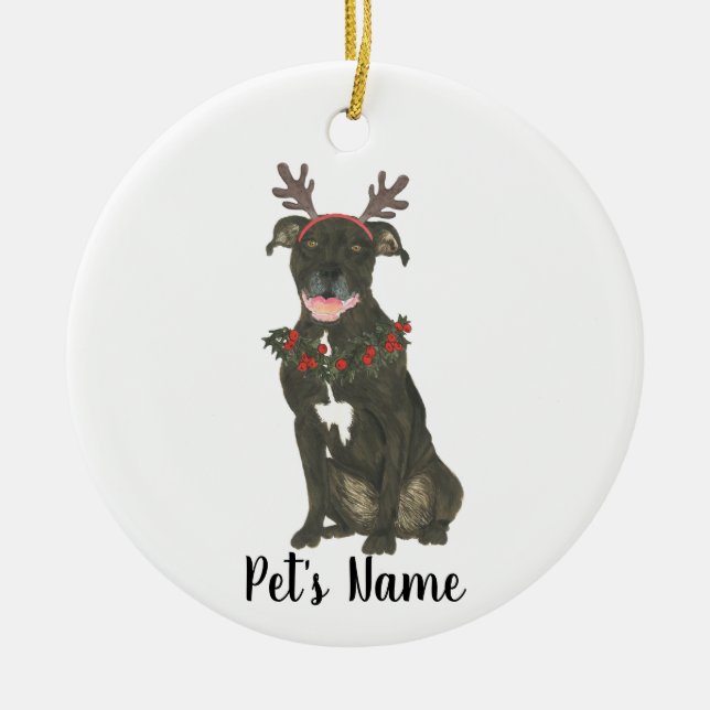 Personlig Black Pitbull Staffy Antlers WAN Julgransprydnad Keramik (Framsidan)