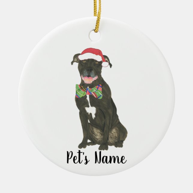 Personlig Black Pitbull Staffy Santa Hat Bowtie Julgransprydnad Keramik (Framsidan)