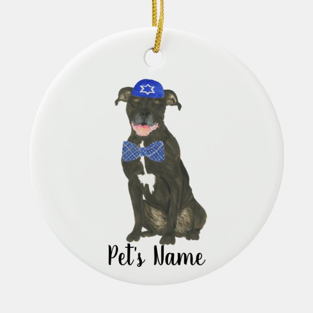Personlig Black Pitbull Staffy Yarmulke Tie Julgransprydnad Keramik (Framsidan)
