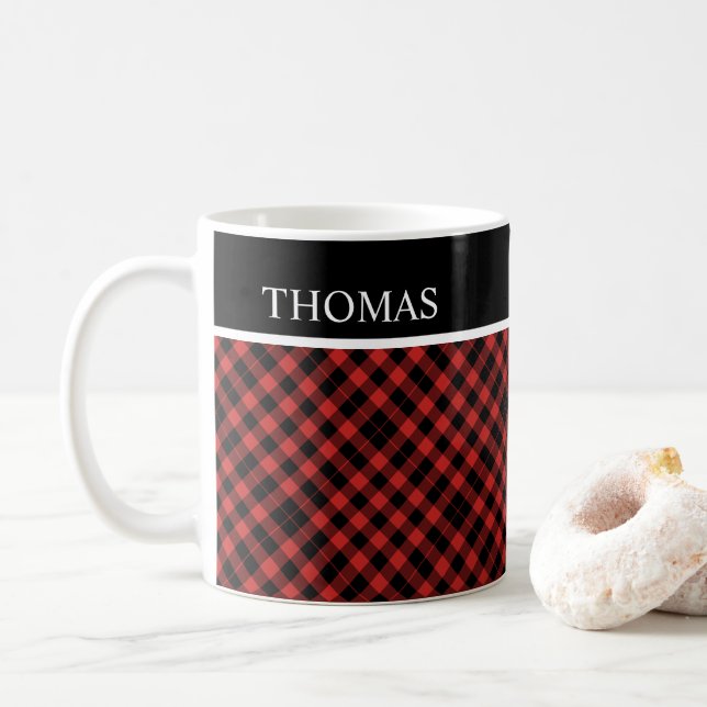 Personlig Black Red Gingham Custom Name Kaffemugg (Med munk)