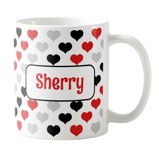 Personlig Black Red Hearts Mugg (Personalized Black Red Hearts Mug at Amy's Coffee Mugs on Zazzle. )