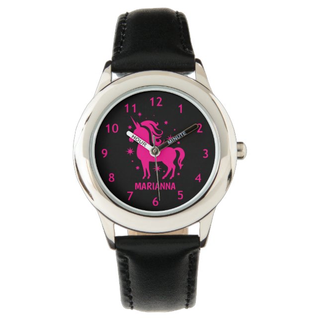 Personlig Black & Rosa Girls Unicorn Wrist Armbandsur (Framsida)