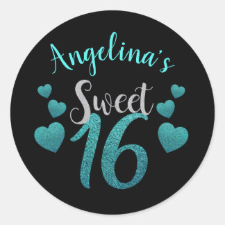 Personlig Black & Teal Glitter Sweet 16 Runt Klistermärke