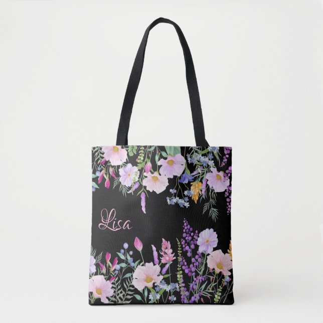 Personlig Black Tote Bag - Blommigt Mix Tygkasse (Framsida)