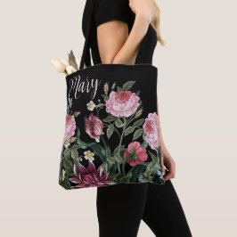 Personlig Black Tote Bag - Blommönster Tygkasse