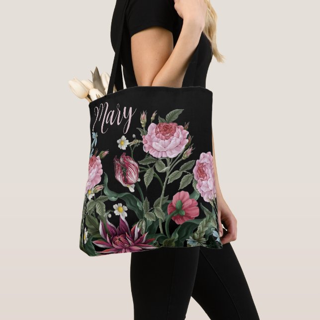 Personlig Black Tote Bag - Blommönster Tygkasse (Närbild)
