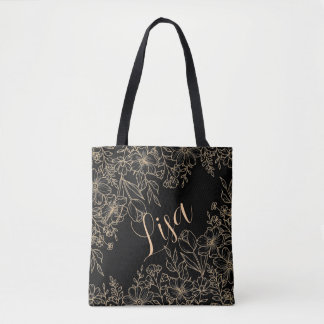 Personlig Black Tote Bag - Guld Blommigt Tygkasse