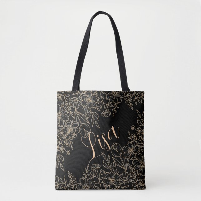 Personlig Black Tote Bag - Guld Blommigt Tygkasse (Framsida)