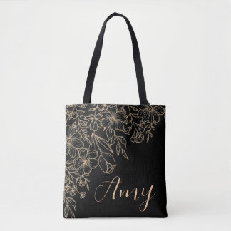 Personlig Black Tote Bag - Guld Blommigt Tygkasse
