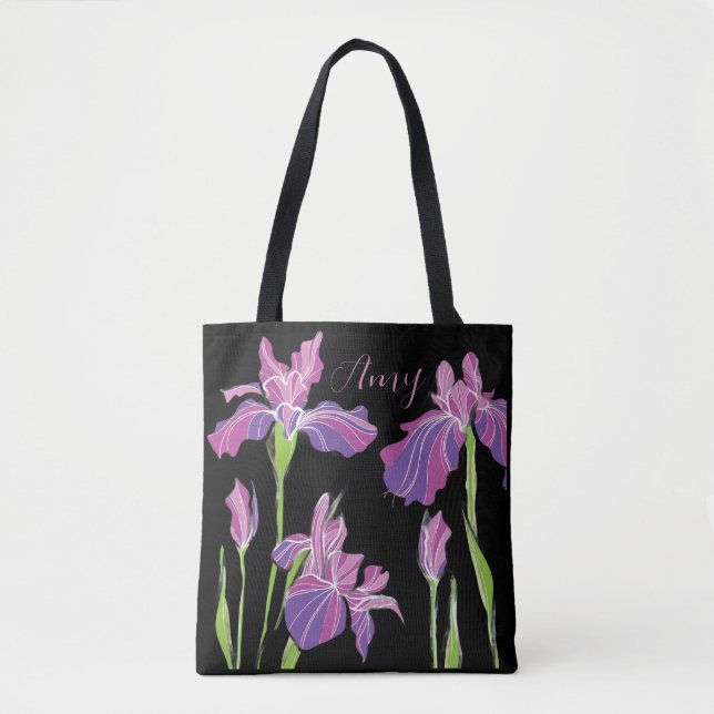 Personlig Black Tote Bag - Lila Rosa Iris Tygkasse (Framsida)