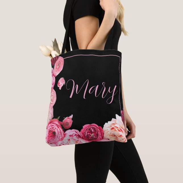 Personlig Black Tote Bag - Rosa Peony Tygkasse (Närbild)