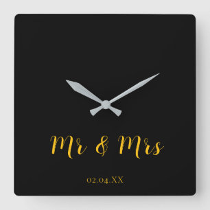 Personlig Black w/ Gult Mr & Mrs. Fyrkantig Klocka