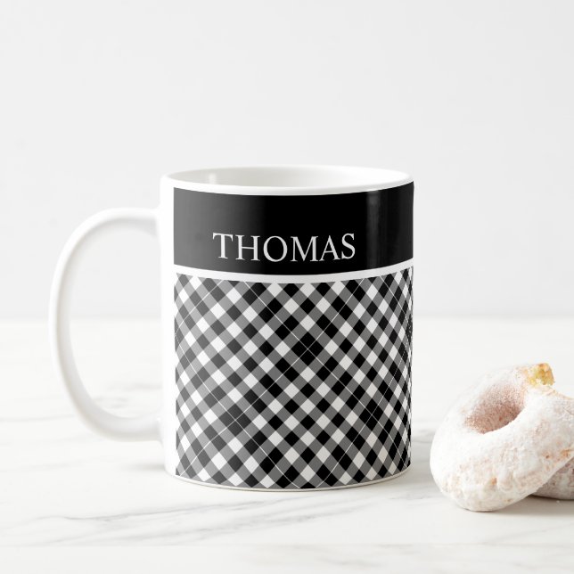 Personlig Black White Gingham Anpassat namn Kaffemugg (Med munk)