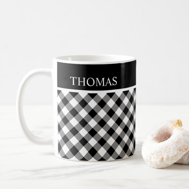 Personlig Black White Gingham Anpassat namn Kaffemugg (Med munk)