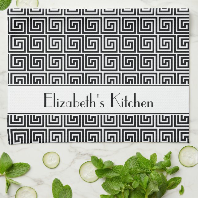 Personlig Black White Grekiska Meander Nyckel Kökshandduk (Vikta)