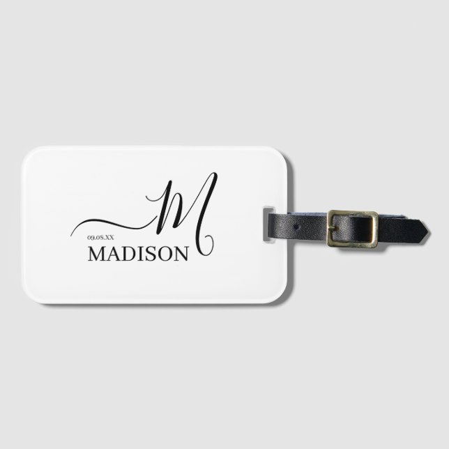 Personlig Black White Monogram Bröllop Bagagebricka (Framsida horisontal)