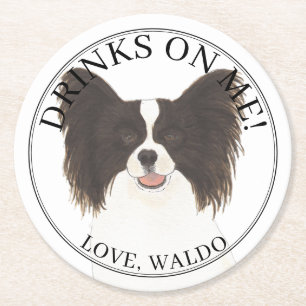 Personlig Black & White Papillon Hund Bröllop Underlägg Papper Rund