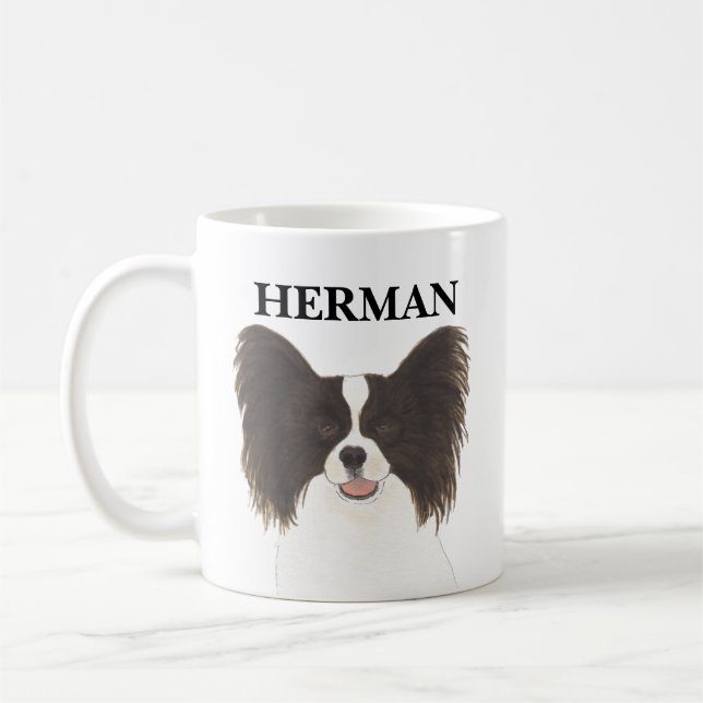 Personlig Black & White Papillon Hund Kaffemugg (Vänster)