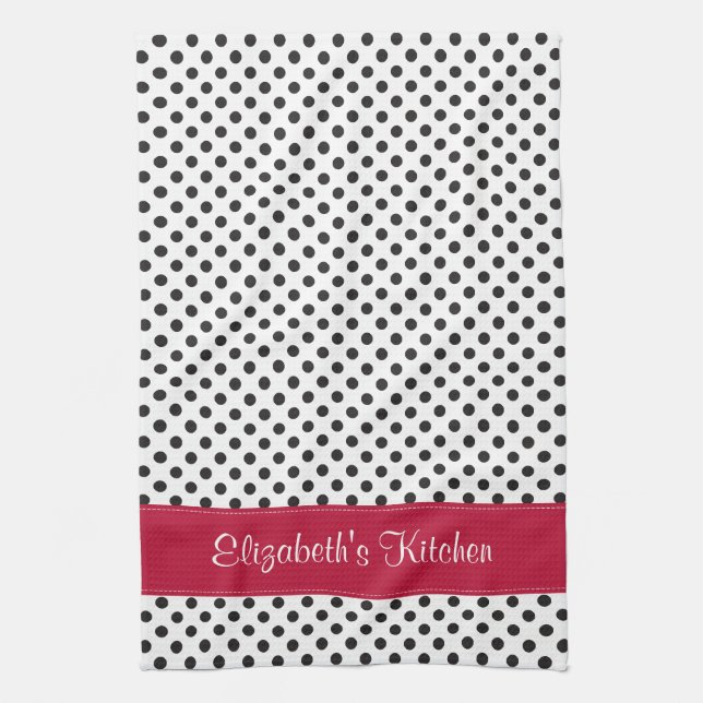 Personlig Black White Polka Dot Red Kökshandduk (Vertikal)