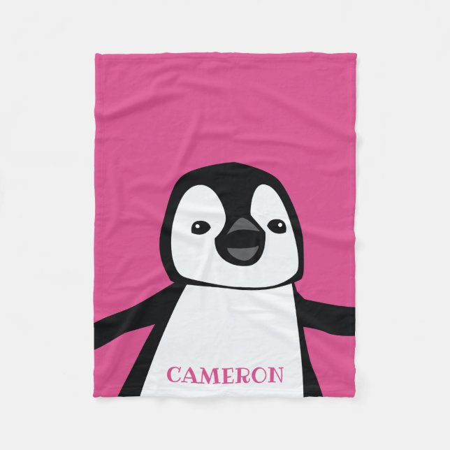 Personlig Black White Rosa Cute Penguin Fleecefilt (Framsidan)