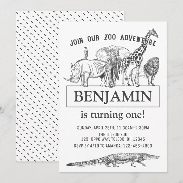 Personlig Black & White Zoo Animals Birthday Inbjudningar (Fram/baksida)