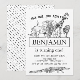Personlig Black & White Zoo Animals Birthday Inbjudningar