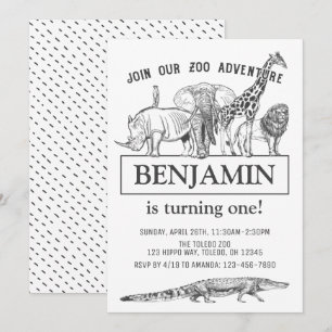 Personlig Black & White Zoo Animals Birthday Inbjudningar