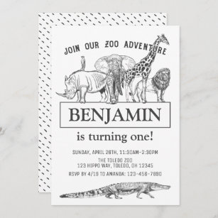 Personlig Black & White Zoo Animals Birthday Inbjudningar