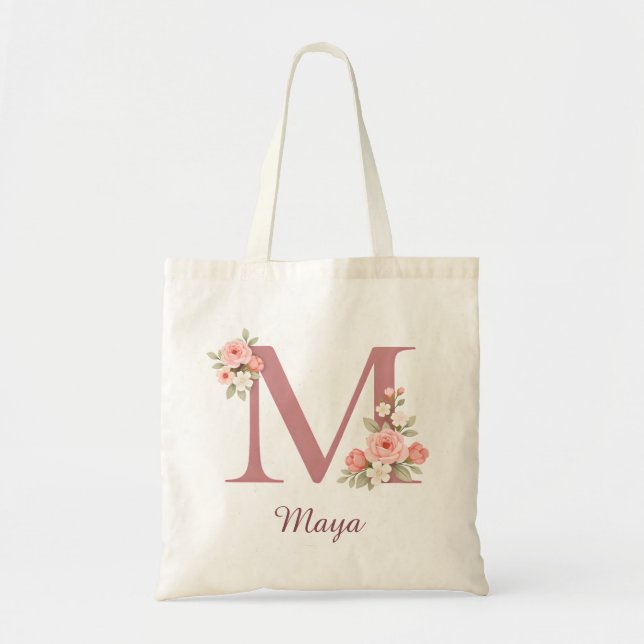Personlig blommig bokstav M monogram väska (Framsidan)
