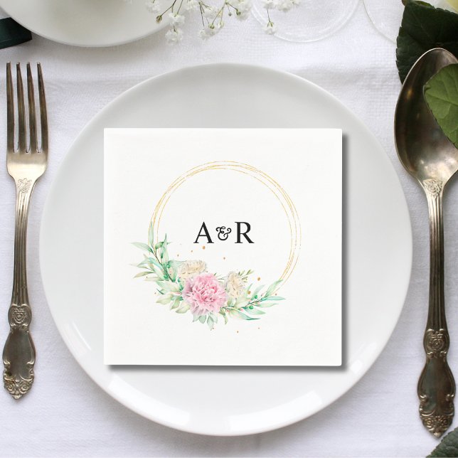 Personlig Blommig Grönska Cirkel Bröllopspapper Pappersservett (Personalized floral greenery circle wedding paper napkins add fresh elegance to wedding receptions.)