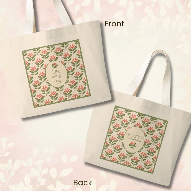 Personlig blommig handledare toteväska • Anpassat  Jumbo Tygkasse (Personalized Floral Teacher Tote Bag • Custom Name & Grade • Teach Inspire Grow Gift for Teacher )