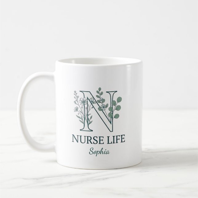 Personlig blommig sjuksköterskemonogram kaffemugg (Vänster)